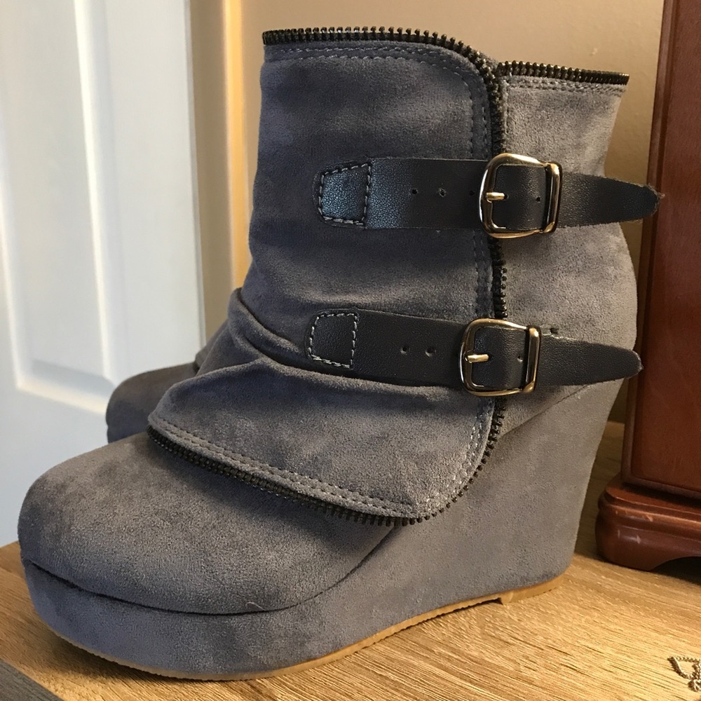 Wedge Ankle Boots, Blue Grey Suede